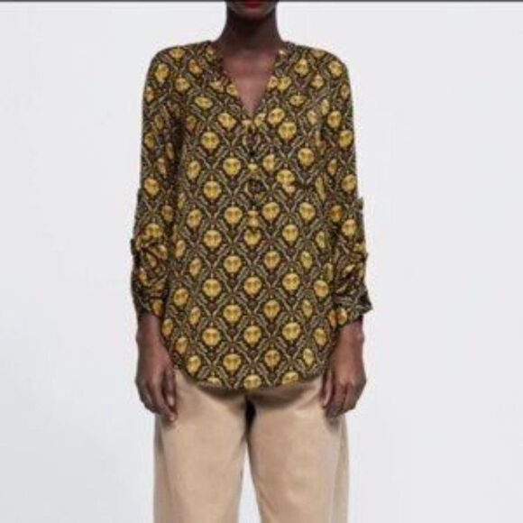 ZARA yellow black print button down blouse size XS - Picture 13 of 13
